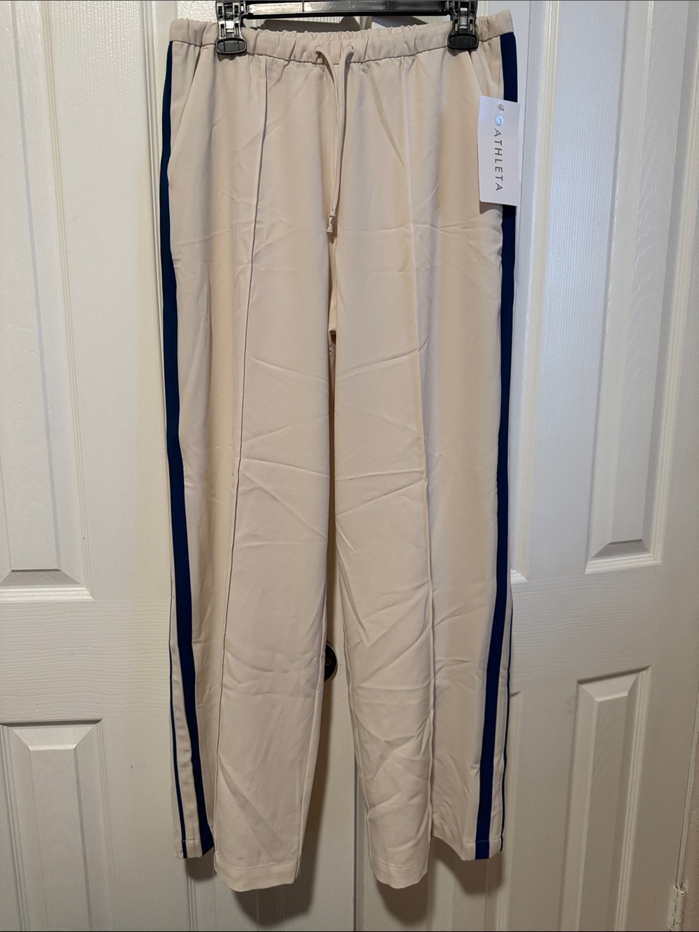 Athleta Beige Track Pants with Navy Side Stripes